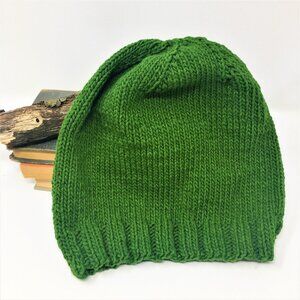 Handknitted Moss Green Ribbed Edge Beanie Hat